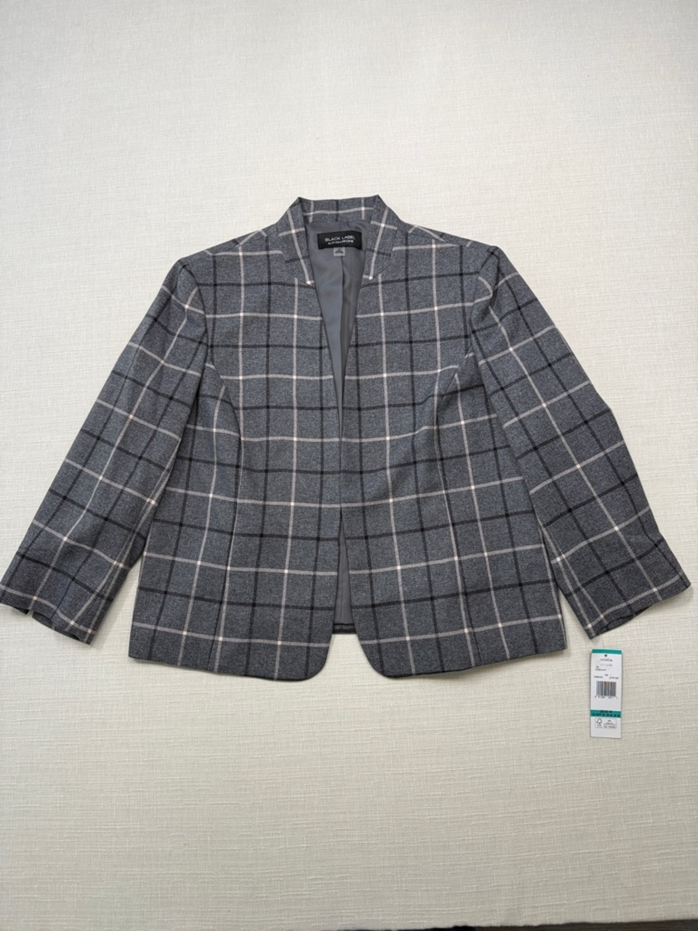 Black Label by Evan-Picone Gray Windowpane Open-Front Blazer